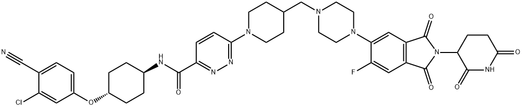 3-Pyridazinecarboxamide, N-[trans-4-(3-chloro-4-cyanophenoxy)cyclohexyl]-6-[4-[[4-[2-(2,6-dioxo-3-piperidinyl)-6-fluoro-2,3-dihydro-1,3-dioxo-1H-isoindol-5-yl]-1-piperazinyl]methyl]-1-piperidinyl]- 구조식 이미지