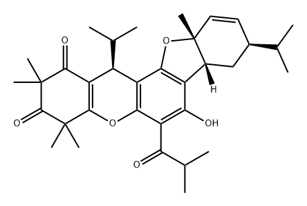 1H-Benzofuro[2,3-a]xanthene-1,3(2H)-dione, 4,7b,8,9,11a,13-hexahydro-7-hydroxy-2,2,4,4,11a-pentamethyl-9,13-bis(1-methylethyl)-6-(2-methyl-1-oxopropyl)-, (7bR,9R,11aR,13S)- Structure