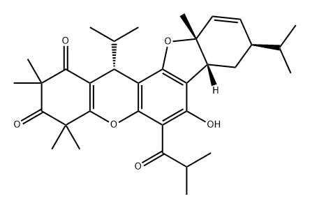 1H-Benzofuro[2,3-a]xanthene-1,3(2H)-dione, 4,7b,8,9,11a,13-hexahydro-7-hydroxy-2,2,4,4,11a-pentamethyl-9,13-bis(1-methylethyl)-6-(2-methyl-1-oxopropyl)-, (7bR,9R,11aR,13R)- Structure