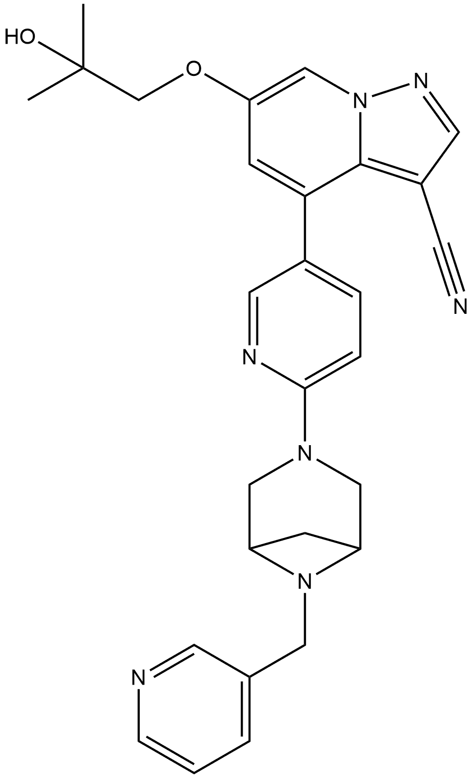 Pyrazolo[1,5-a]pyridine-3-carbonitrile, 6-(2-hydroxy-2-methylpropoxy)-4-[6-[6-(3-pyridinylmethyl)-3,6-diazabicyclo[3.1.1]hept-3-yl]-3-pyridinyl]- 구조식 이미지