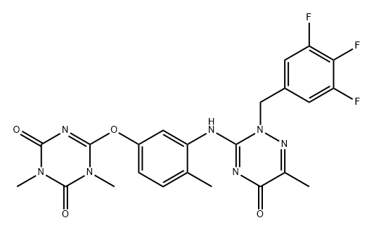 1,3,5-Triazine-2,4(1H,3H)-dione, 6-[3-[[2,5-dihydro-6-methyl-5-oxo-2-[(3,4,5-trifluorophenyl)methyl]-1,2,4-triazin-3-yl]amino]-4-methylphenoxy]-1,3-dimethyl- Structure