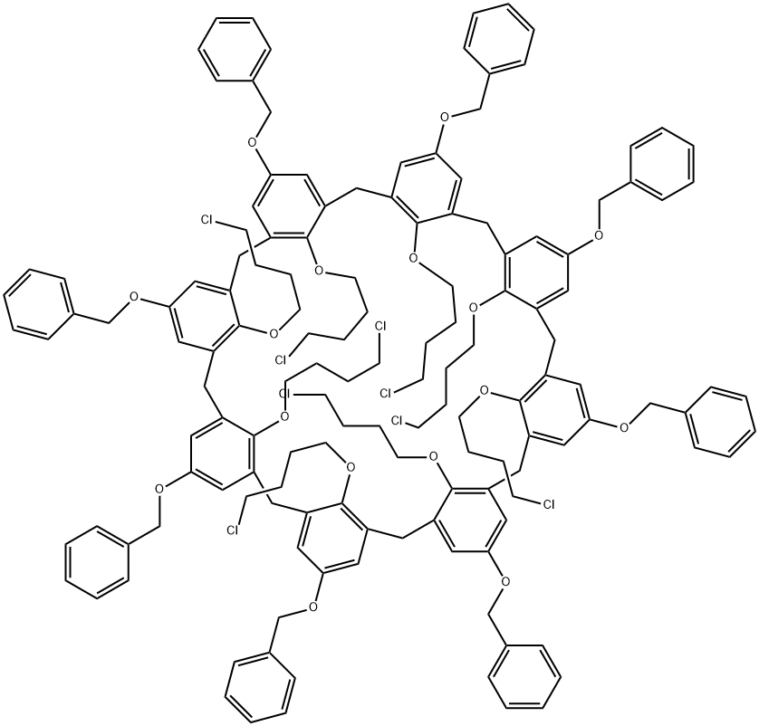 Nonacyclo[43.3.1.13,?7.19,?13.115,?19.121,?25.127,?31.133,?37.139,?43]?hexapentaconta-?1(49)?,?3,?5,?7(56)?,?9,?11,?13(55)?,?15,?17,?19(54)?,?21,?23,?25(53)?,?27,?29,?31(52)?,?33,?35,?37(51)?,?39,?41,?43(50)?,?45,?47-?tetracosaene, 49,?50,?51,?52,?53,?54,?55,?56-?octakis(4-?chlorobutoxy)?-?5,?11,?17,?23,?29,?35,?41,?47-?octakis(phenylmethox?y)?- Structure