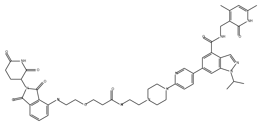 1H-Indazole-4-carboxamide, N-[(1,2-dihydro-4,6-dimethyl-2-oxo-3-pyridinyl)methyl]-6-[6-[4-[2-[[3-[2-[[2-(2,6-dioxo-3-piperidinyl)-2,3-dihydro-1,3-dioxo-1H-isoindol-4-yl]amino]ethoxy]-1-oxopropyl]amino]ethyl]-1-piperazinyl]-3-pyridinyl]-1-(1-methylethyl)- Structure