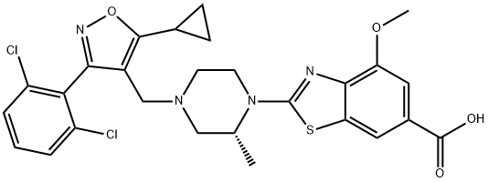 6-Benzothiazolecarboxylic acid, 2-[(2R)-4-[[5-cyclopropyl-3-(2,6-dichlorophenyl)-4-isoxazolyl]methyl]-2-methyl-1-piperazinyl]-4-methoxy- Structure