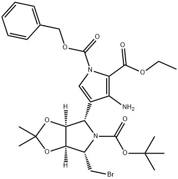 1H-Pyrrole-1,2-dicarboxylic acid, 3-amino-4-(3aS,4S,6S,6aR)-6-(bromomethyl)-5-(1,1-dimethylethoxy)carbonyltetrahydro-2,2-dimethyl-4H-1,3-dioxolo4,5-cpyrrol-4-yl-, 2-ethyl 1-(phenylmethyl) ester 구조식 이미지