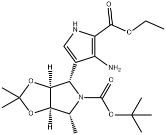 5H-1,3-Dioxolo4,5-cpyrrole-5-carboxylic acid, 4-4-amino-5-(ethoxycarbonyl)-1H-pyrrol-3-yltetrahydro-2,2,6-trimethyl-, 1,1-dimethylethyl ester, (3aS,4S,6R,6aR)- 구조식 이미지