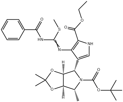 5H-1,3-Dioxolo4,5-cpyrrole-5-carboxylic acid, 4-4-(benzoylamino)(methylthio)methyleneamino-5-(ethoxycarbonyl)-1H-pyrrol-3-yltetrahydro-2,2,6-trimethyl-, 1,1-dimethylethyl ester, (3aS,4S,6R,6aR)- 구조식 이미지