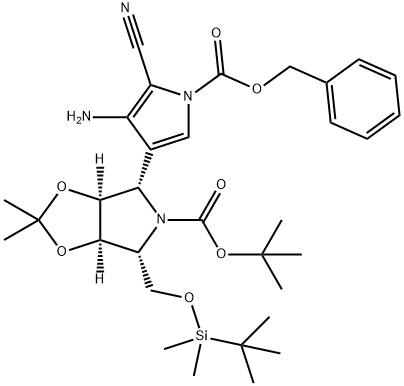 5H-1,3-Dioxolo4,5-cpyrrole-5-carboxylic acid, 4-4-amino-5-cyano-1-(phenylmethoxy)carbonyl-1H-pyrrol-3-yl-6-(1,1-dimethylethyl)dimethylsilyloxymethyltetrahydro-2,2-dimethyl-, 1,1-dimethylethyl ester, (3aS,4S,6R,6aR)- Structure