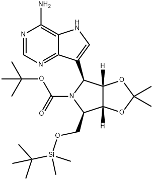 5H-1,3-Dioxolo4,5-cpyrrole-5-carboxylic acid, 4-(4-amino-5H-pyrrolo3,2-dpyrimidin-7-yl)-6-(1,1-dimethylethyl)dimethylsilyloxymethyltetrahydro-2,2-dimethyl-, 1,1-dimethylethyl ester, (3aS,4S,6R,6aR)- 구조식 이미지