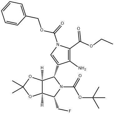 1H-Pyrrole-1,2-dicarboxylic acid, 3-amino-4-(3aS,4S,6S,6aR)-5-(1,1-dimethylethoxy)carbonyl-6-(fluoromethyl)tetrahydro-2,2-dimethyl-4H-1,3-dioxolo4,5-cpyrrol-4-yl-, 2-ethyl 1-(phenylmethyl) ester Structure
