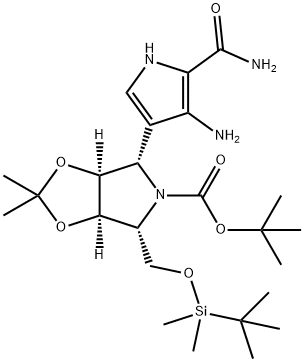 5H-1,3-Dioxolo4,5-cpyrrole-5-carboxylic acid, 4-4-amino-5-(aminocarbonyl)-1H-pyrrol-3-yl-6-(1,1-dimethylethyl)dimethylsilyloxymethyltetrahydro-2,2-dimethyl-, 1,1-dimethylethyl ester, (3aS,4S,6R,6aR)- 구조식 이미지