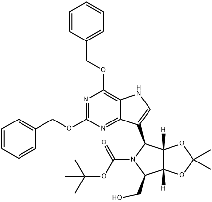 5H-1,3-Dioxolo4,5-cpyrrole-5-carboxylic acid, 4-2,4-bis(phenylmethoxy)-5H-pyrrolo3,2-dpyrimidin-7-yltetrahydro-6-(hydroxymethyl)-2,2-dimethyl-, 1,1-dimethylethyl ester, (3aS,4S,6R,6aR)- 구조식 이미지