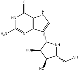 4H-Pyrrolo3,2-dpyrimidin-4-one, 2-amino-7-(2S,3S,4R,5S)-3,4-dihydroxy-5-(mercaptomethyl)-2-pyrrolidinyl-1,5-dihydro- Structure