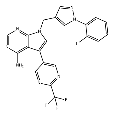 7H-Pyrrolo[2,3-d]pyrimidin-4-amine, 7-[[1-(2-fluorophenyl)-1H-pyrazol-4-yl]methyl]-5-[2-(trifluoromethyl)-5-pyrimidinyl]- 구조식 이미지