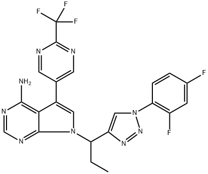 7-(1 -(1 -(2,4-difluorophenyl)-1 H-1,2,3-triazol-4-yl)propyl)-5-(2-(trifluoromethyl)pyrimidin-5-yl)-7H- pyrrolo[2,3-d]pyrimidin-4-amine Structure