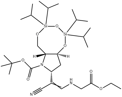 1,3,5,2,4-Trioxadisilocino7,6-bpyrrole-7(6H)-carboxylic acid, 8-1-cyano-2-(2-ethoxy-2-oxoethyl)aminoethenyltetrahydro-2,2,4,4-tetrakis(1-methylethyl)-, 1,1-dimethylethyl ester, (6aR,8R,9aS)- Structure