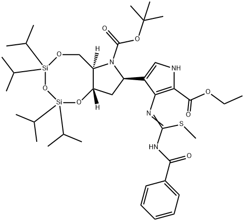 1,3,5,2,4-Trioxadisilocino7,6-bpyrrole-7(6H)-carboxylic acid, 8-4-(benzoylamino)(methylthio)methyleneamino-5-(ethoxycarbonyl)-1H-pyrrol-3-yltetrahydro-2,2,4,4-tetrakis(1-methylethyl)-, 1,1-dimethylethyl ester, (6aR,8R,9aS)- Structure