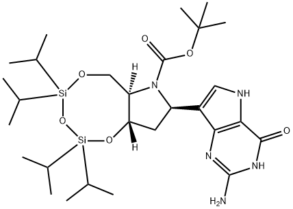 1,3,5,2,4-Trioxadisilocino7,6-bpyrrole-7(6H)-carboxylic acid, 8-(2-amino-4,5-dihydro-4-oxo-1H-pyrrolo3,2-dpyrimidin-7-yl)tetrahydro-2,2,4,4-tetrakis(1-methylethyl)-, 1,1-dimethylethyl ester, (6aR,8R,9aS)- Structure