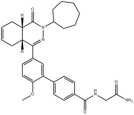 [1,1'-Biphenyl]-4-carboxamide, N-(2-amino-2-oxoethyl)-5'-[(4aS,8aR)-3-cycloheptyl-3,4,4a,5,8,8a-hexahydro-4-oxo-1-phthalazinyl]-2'-methoxy- Structure