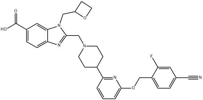 1H-Benzimidazole-6-carboxylic acid, 2-[[4-[6-[(4-cyano-2-fluorophenyl)methoxy]-2-pyridinyl]-1-piperidinyl]methyl]-1-(2-oxetanylmethyl)- Structure