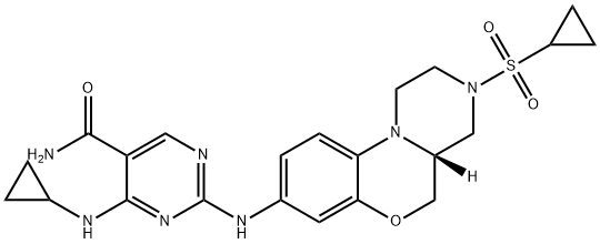 5-Pyrimidinecarboxamide, 4-(cyclopropylamino)-2-[[(4aR)-3-(cyclopropylsulfonyl)-1,2,3,4,4a,5-hexahydropyrazino[2,1-c][1,4]benzoxazin-8-yl]amino]- 구조식 이미지
