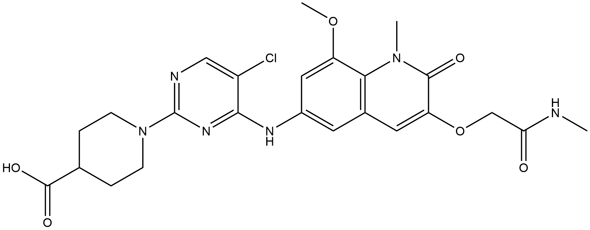 1-[5-Chloro-4-[[1,2-dihydro-8-methoxy-1-methyl-3-[2-(methylamino)-2-oxoethoxy]-2-oxo-6-quinolinyl]amino]-2-pyrimidinyl]-4-piperidinecarboxylic acid Structure