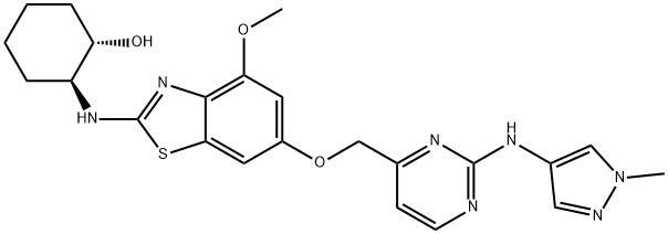 Cyclohexanol, 2-[[4-methoxy-6-[[2-[(1-methyl-1H-pyrazol-4-yl)amino]-4-pyrimidinyl]methoxy]-2-benzothiazolyl]amino]-, (1S,2S)- Structure