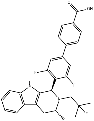 [1,1'-Biphenyl]-4-carboxylic acid, 3',5'-difluoro-4'-[(1R,3R)-2-(2-fluoro-2-methylpropyl)-2,3,4,9-tetrahydro-3-methyl-1H-pyrido[3,4-b]indol-1-yl]- Structure