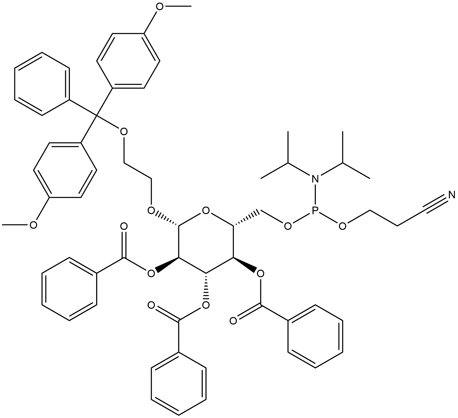 β-D-Glucopyranoside, 2-[bis(4-methoxyphenyl)phenylmethoxy]ethyl, 2,3,4-tribenzoate 6-[2-cyanoethyl N,N-bis(1-methylethyl)phosphoramidite] Structure