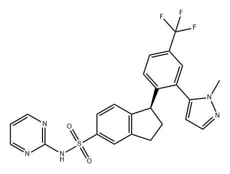 1H-Indene-5-sulfonamide, 2,3-dihydro-1-[2-(1-methyl-1H-pyrazol-5-yl)-4-(trifluoromethyl)phenyl]-N-2-pyrimidinyl-, (1S)- Structure