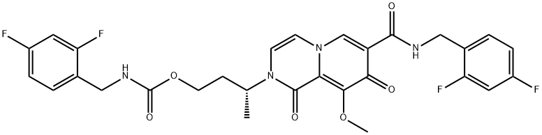 Carbamic acid, N-[(2,4-difluorophenyl)methyl]-, (3R)-3-[7-[[[(2,4-difluorophenyl)methyl]amino]carbonyl]-1,8-dihydro-9-methoxy-1,8-dioxo-2H-pyrido[1,2-a]pyrazin-2-yl]butyl ester 구조식 이미지