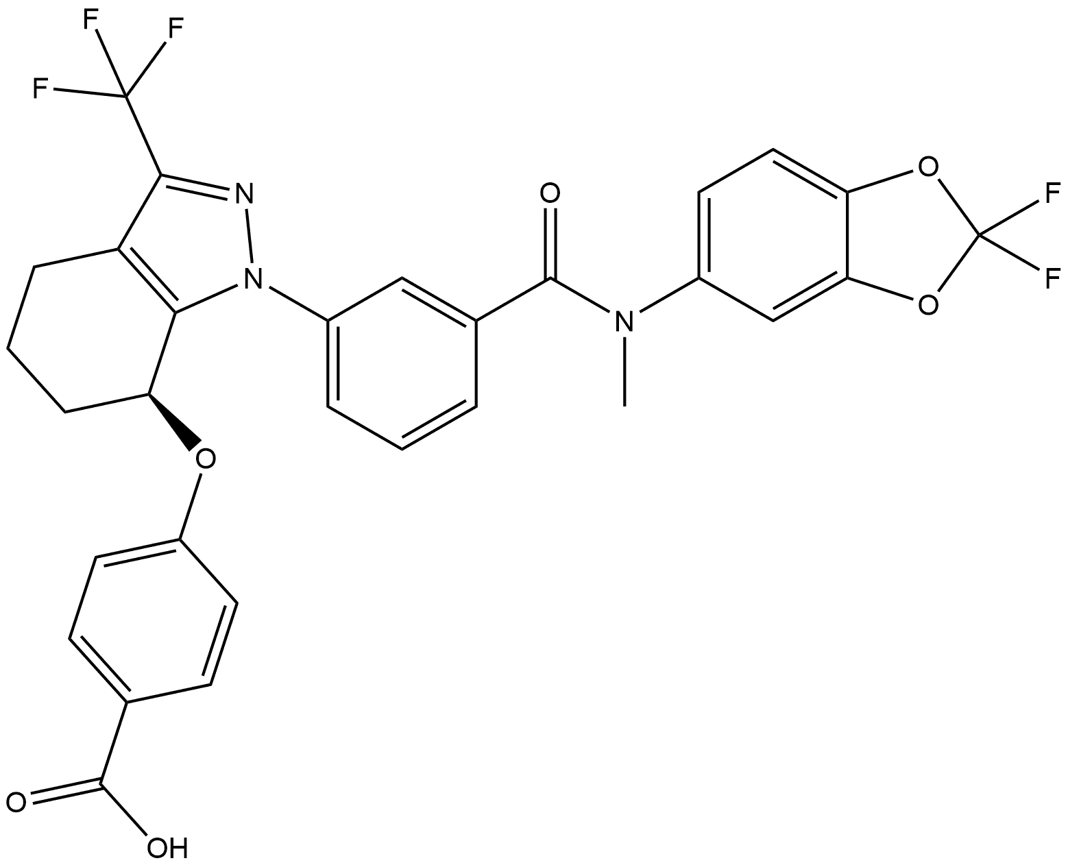 4-[[(7S)-1-[3-[[(2,2-Difluoro-1,3-benzodioxol-5-yl)methylamino]carbonyl]phenyl]-4,5,6,7-tetrahydro-3-(trifluoromethyl)-1H-indazol-7-yl]oxy]benzoic acid Structure