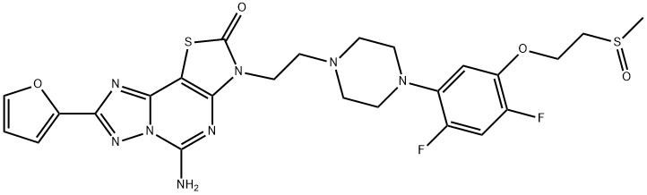 Thiazolo[5,4-e][1,2,4]triazolo[1,5-c]pyrimidin-2(3H)-one, 5-amino-3-[2-[4-[2,4-difluoro-5-[2-(methylsulfinyl)ethoxy]phenyl]-1-piperazinyl]ethyl]-8-(2-furanyl)- Structure