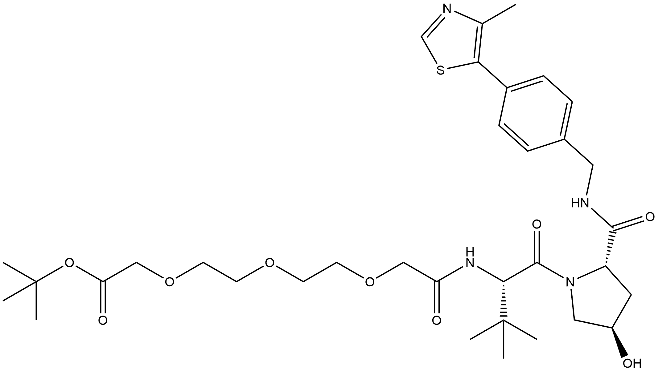 L-Prolinamide, N-(13,13-dimethyl-1,11-dioxo-3,6,9,12-tetraoxatetradec-1-yl)-3-methyl-L-valyl-4-hydroxy-N-[[4-(4-methyl-5-thiazolyl)phenyl]methyl]-, (4R)- 구조식 이미지