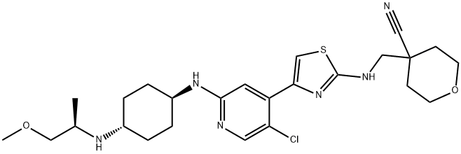 2H-Pyran-4-carbonitrile, 4-[[[4-[5-chloro-2-[[trans-4-[[(1R)-2-methoxy-1-methylethyl]amino]cyclohexyl]amino]-4-pyridinyl]-2-thiazolyl]amino]methyl]tetrahydro- Structure