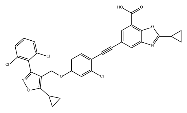 7-Benzoxazolecarboxylic acid, 5-[2-[2-chloro-4-[[5-cyclopropyl-3-(2,6-dichlorophenyl)-4-isoxazolyl]methoxy]phenyl]ethynyl]-2-cyclopropyl- Structure