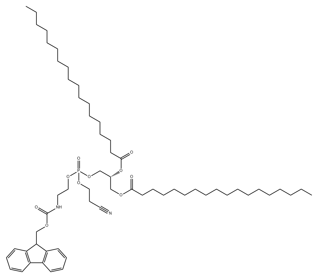 5,7,11-Trioxa-2-aza-6-phosphanonacosanoic acid, 6-(2-cyanoethoxy)-12-oxo-9-[(1-oxooctadecyl)oxy]-, 9H-fluoren-9-ylmethyl ester, 6-oxide, (9R)- Structure