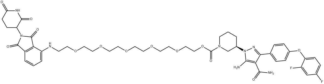 1-?Piperidinecarboxylic acid, 3-?[5-?amino-?4-?(aminocarbonyl)?-?3-?[4-?(2,?4-?difluorophenoxy)?phenyl]?-?1H-?pyrazol-?1-?yl]?-?, 17-?[[2-?(2,?6-?dioxo-?3-?piperidinyl)?-?2,?3-?dihydro-?1,?3-?dioxo-?1H-?isoindol-?4-?yl]?amino]?-?3,?6,?9,?12,?15-?pentaoxaheptadec-?1-?yl ester, (3R)?- 구조식 이미지