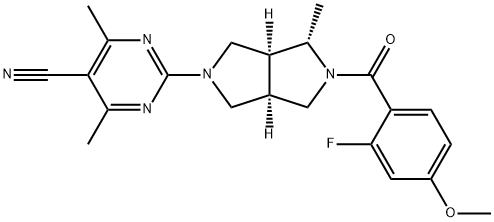 5-Pyrimidinecarbonitrile, 2-[(3aS,4S,6aR)-5-(2-fluoro-4-methoxybenzoyl)hexahydro-4-methylpyrrolo[3,4-c]pyrrol-2(1H)-yl]-4,6-dimethyl- Structure