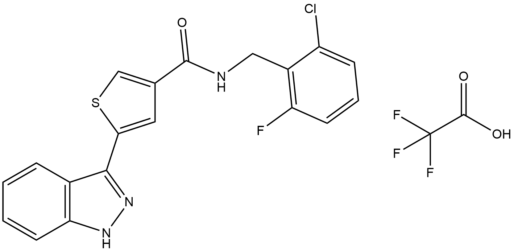 3-Thiophenecarboxamide, N-[(2-chloro-6-fluorophenyl)methyl]-5-(1H-indazol-3-yl)-, 2,2,2-trifluoroacetate (1:1) 구조식 이미지