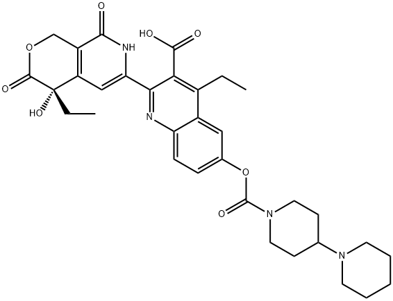 3-?Quinolinecarboxylic acid, 6-?[([1,?4'-?bipiperidin]?-?1'-?ylcarbonyl)?oxy]?-?4-?ethyl-?2-?[(4S)?-?4-?ethyl-?3,?4,?7,?8-?tetrahydro-?4-?hydroxy-?3,?8-?dioxo-?1H-?pyrano[3,?4-?c]?pyridin-?6-?yl]?- Structure