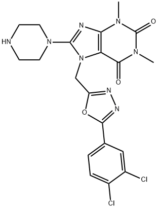 1H-Purine-2,6-dione, 7-[[5-(3,4-dichlorophenyl)-1,3,4-oxadiazol-2-yl]methyl]-3,7-dihydro-1,3-dimethyl-8-(1-piperazinyl)- 구조식 이미지