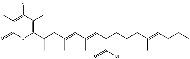 6-Decenoic acid, 2-[(1E,3E)-6-(4-hydroxy-3,5-dimethyl-2-oxo-2H-pyran-6-yl)-2,4-dimethyl-1,3-heptadien-1-yl]-6,8-dimethyl-, (6E)- 구조식 이미지