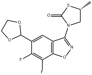 2-Thiazolidinone, 3-[5-(1,3-dioxolan-2-yl)-6,7-difluoro-1,2-benzisoxazol-3-yl]-5-methyl-, (5R)- Structure