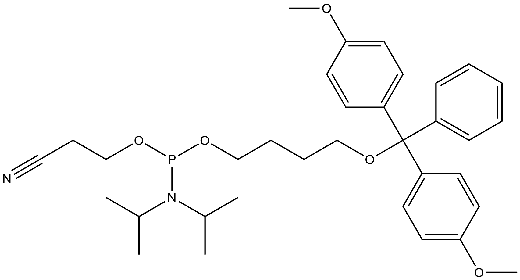 Phosphoramidous acid, N,N-bis(1-methylethyl)-, 4-[bis(4-methoxyphenyl)phenylmethoxy]butyl 2-cyanoethyl ester Structure