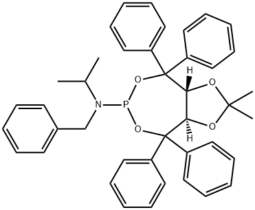 1,3-Dioxolo[4,5-e][1,3,2]dioxaphosphepin-6-amine, tetrahydro-2,2-dimethyl-N-(1-methylethyl)-4,4,8,8-tetraphenyl-N-(phenylmethyl)-, (3aR,8aR)- 구조식 이미지