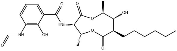 Benzamide, 3-(formylamino)-N-[(3S,4R,7R,8R,9S)-7-hexyl-8-hydroxy-4,9-dimethyl-2,6-dioxo-1,5-dioxonan-3-yl]-2-hydroxy- (9CI) Structure