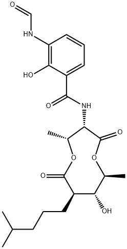 Benzamide, 3-(formylamino)-2-hydroxy-N-[(2R,3S,6S,7R,8R)-7-hydroxy-2,6-dimethyl-8-(4-methylpentyl)-4,9-dioxo-1,5-dioxonan-3-yl]- (9CI) Structure
