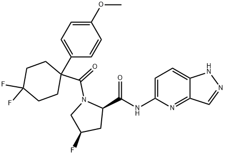 2-Pyrrolidinecarboxamide, 1-[[4,4-difluoro-1-(4-methoxyphenyl)cyclohexyl]carbonyl]-4-fluoro-N-1H-pyrazolo[4,3-b]pyridin-5-yl-, (2R,4R)- Structure