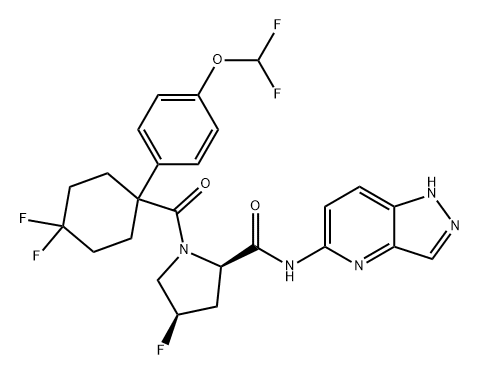 2-Pyrrolidinecarboxamide, 1-[[1-[4-(difluoromethoxy)phenyl]-4,4-difluorocyclohexyl]carbonyl]-4-fluoro-N-1H-pyrazolo[4,3-b]pyridin-5-yl-, (2R,4R)- 구조식 이미지